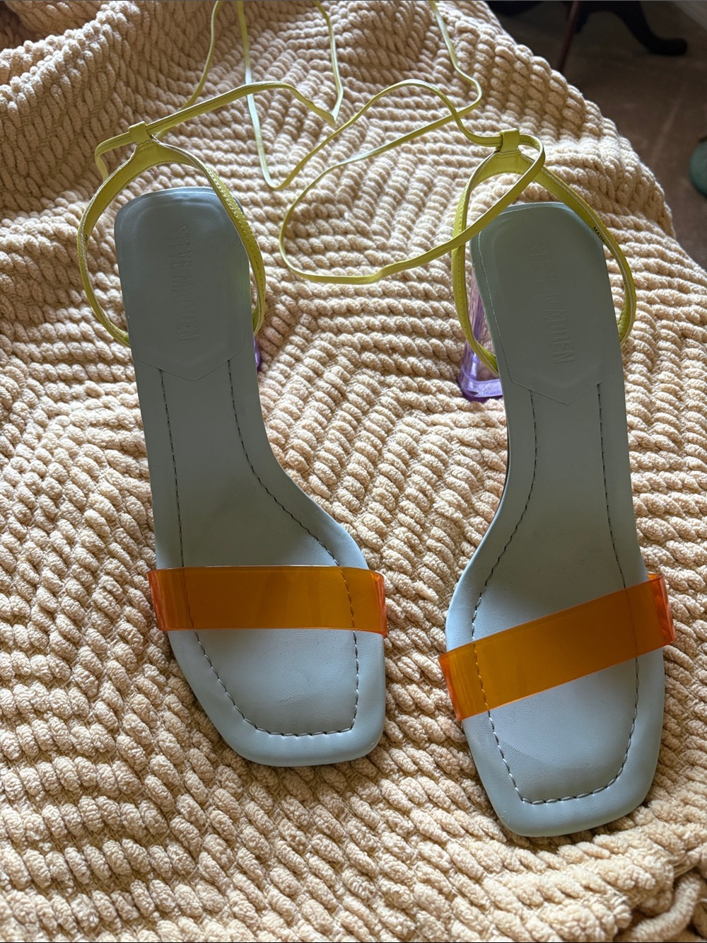 Steve Madden Yellow Lace-Up Sandals with Orange Toe Strap and Purple Heel